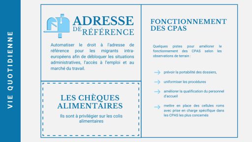 l'adresse de référence, les chèques alimentaires et l'amélioration du fonctionnement des CPAS pour les personnes Rom