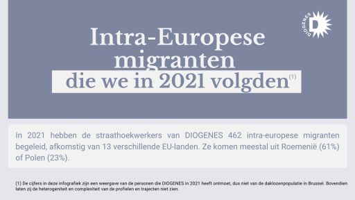 In 2021 hebben de straathoekwerkers van DIOGENES 462 intra-europese migranten begeleid, afkomstig van 13 verschillende EU-landen. Ze komen meestal uit Roemenië (61%) of Polen (23%).