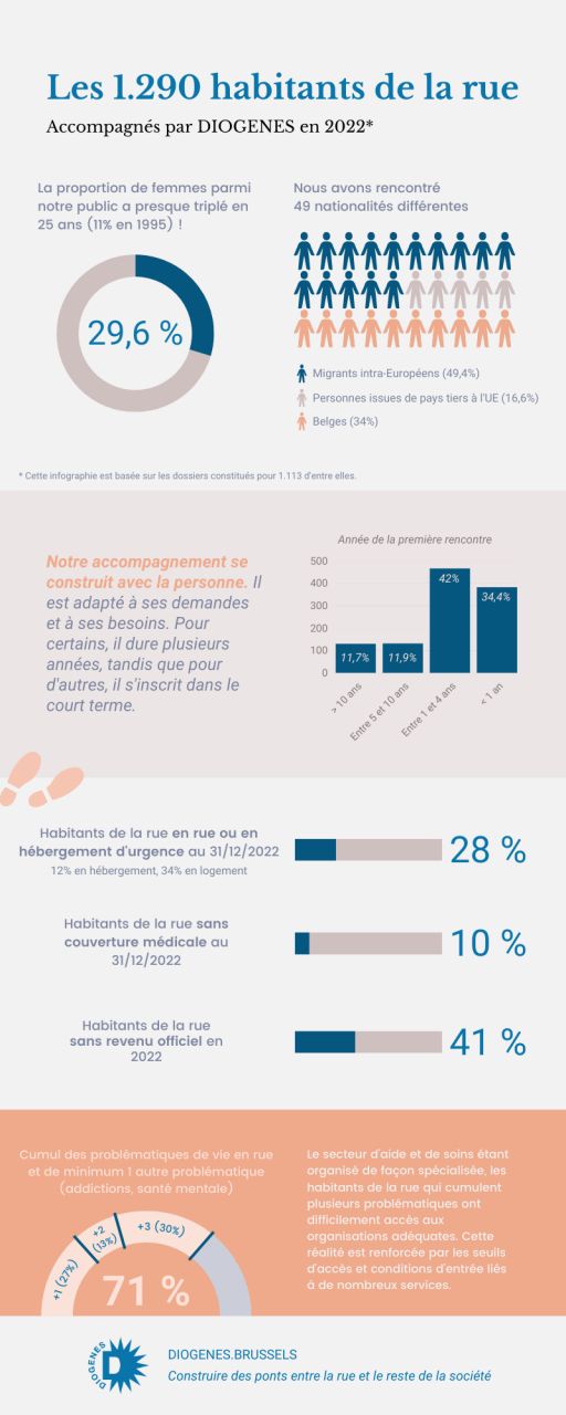 Infographie portant sur les personnes accompagnées par DIOGENES en 2022 : profil, durée d'accompagnement et problématiques de logement, santé et revenus